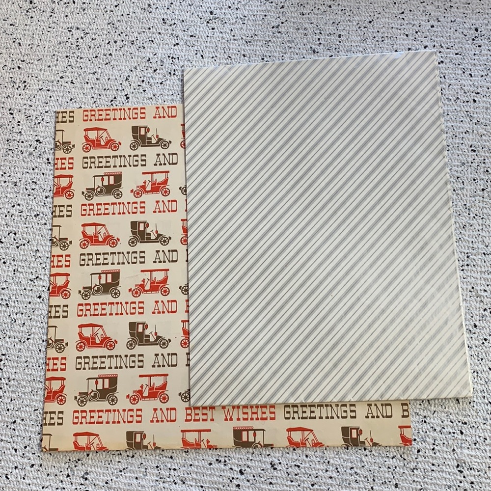 2PC Antique Giftwrap “Greetings and Best Wishes” Stripes and Automobiles